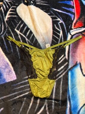 Victoria's Secret Olive Green Satin Thong with Black Lace Trim 5/$25